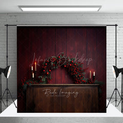Lofaris Rustic Christmas Photography Backdrop Fireplace Mantel with Red Berry Garland Moody and Elegant Holiday Prop
