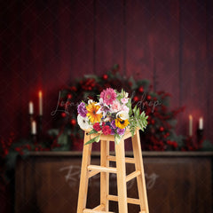 Lofaris Rustic Christmas Photography Backdrop Fireplace Mantel with Red Berry Garland Moody and Elegant Holiday Prop