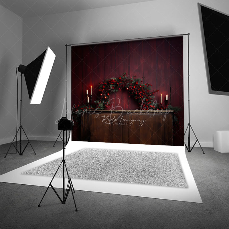 Lofaris Rustic Christmas Photography Backdrop Fireplace Mantel with Red Berry Garland Moody and Elegant Holiday Prop
