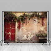 Lofaris Rustic Christmas Photography Backdrop Vintage Red Door with Berry Garland Old Wall Studio Photo Prop Decor