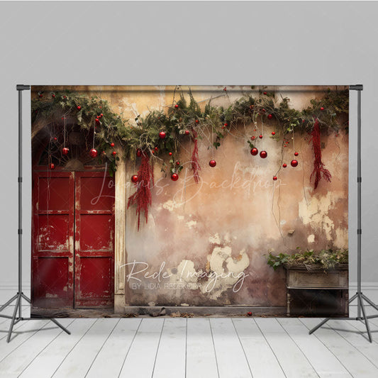 Lofaris Rustic Christmas Photography Backdrop Vintage Red Door with Berry Garland Old Wall Studio Photo Prop Decor