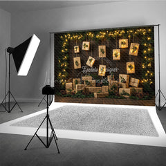 Lofaris Rustic Christmas Photography Backdrop with Hanging Lighted Presents Dark Wood Wall Unique Holiday Photo Background
