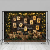Lofaris Rustic Christmas Photography Backdrop with Hanging Lighted Presents Dark Wood Wall Unique Holiday Photo Background