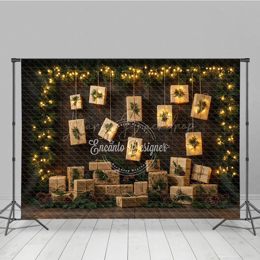 Lofaris Rustic Christmas Photography Backdrop with Hanging Lighted Presents Dark Wood Wall Unique Holiday Photo Background