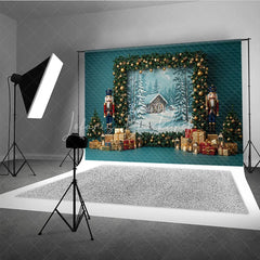 Lofaris Rustic Christmas Photography Backdrop with Nutcrackers Snowy Cabin Painting Holiday Mini Session Background