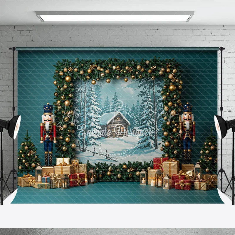 Lofaris Rustic Christmas Photography Backdrop with Nutcrackers Snowy Cabin Painting Holiday Mini Session Background