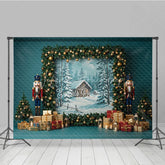 Lofaris Rustic Christmas Photography Backdrop with Nutcrackers Snowy Cabin Painting Holiday Mini Session Background