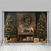 Lofaris Rustic Christmas Photography Backdrop Wood Wall with Trees and Wreath Farmhouse Holiday Mini Session Background