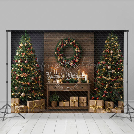 Lofaris Rustic Christmas Photography Backdrop Wood Wall with Trees and Wreath Farmhouse Holiday Mini Session Background