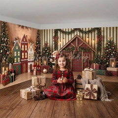 Lofaris Rustic Christmas Room Set Backdrop with Decorated Trees Cozy Houses and Teddy Bear Winter Holiday Photo Prop
