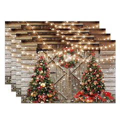 Lofaris Rustic Christmas Set of 4 Placemats Barn Door with String Lights Xmas Trees Farmhouse Table Mats