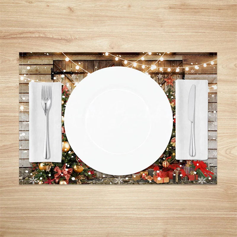 Lofaris Rustic Christmas Set of 4 Placemats Barn Door with String Lights Xmas Trees Farmhouse Table Mats