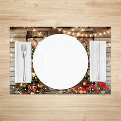 Lofaris Rustic Christmas Set of 4 Placemats Barn Door with String Lights Xmas Trees Farmhouse Table Mats