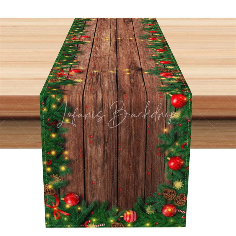 Lofaris Rustic Christmas Table Runner Wood Grain with Garland Red Ornaments String Lights Holiday Decor