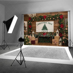 Lofaris Rustic Christmas Tree Farm Photography Backdrop Wood Wall with Chandelier Farmhouse Holiday Photo Background