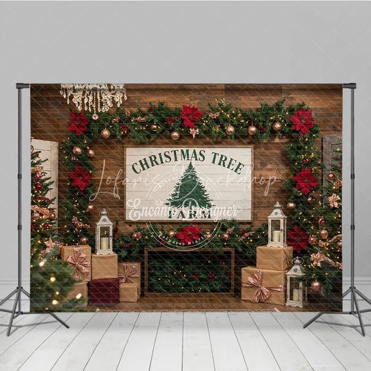Lofaris Rustic Christmas Tree Farm Photography Backdrop Wood Wall with Chandelier Farmhouse Holiday Photo Background