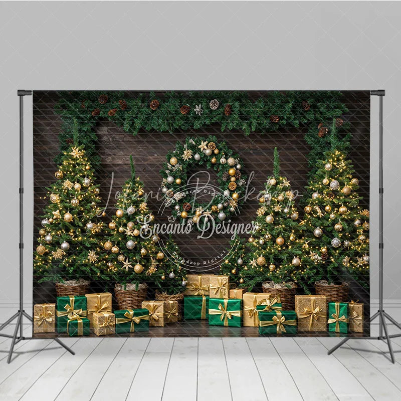 Lofaris Rustic Christmas Tree Farm Photography Backdrop Wood Wall with Garland Green and Gold Holiday Background