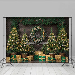 Lofaris Rustic Christmas Tree Farm Photography Backdrop Wood Wall with Garland Green and Gold Holiday Background