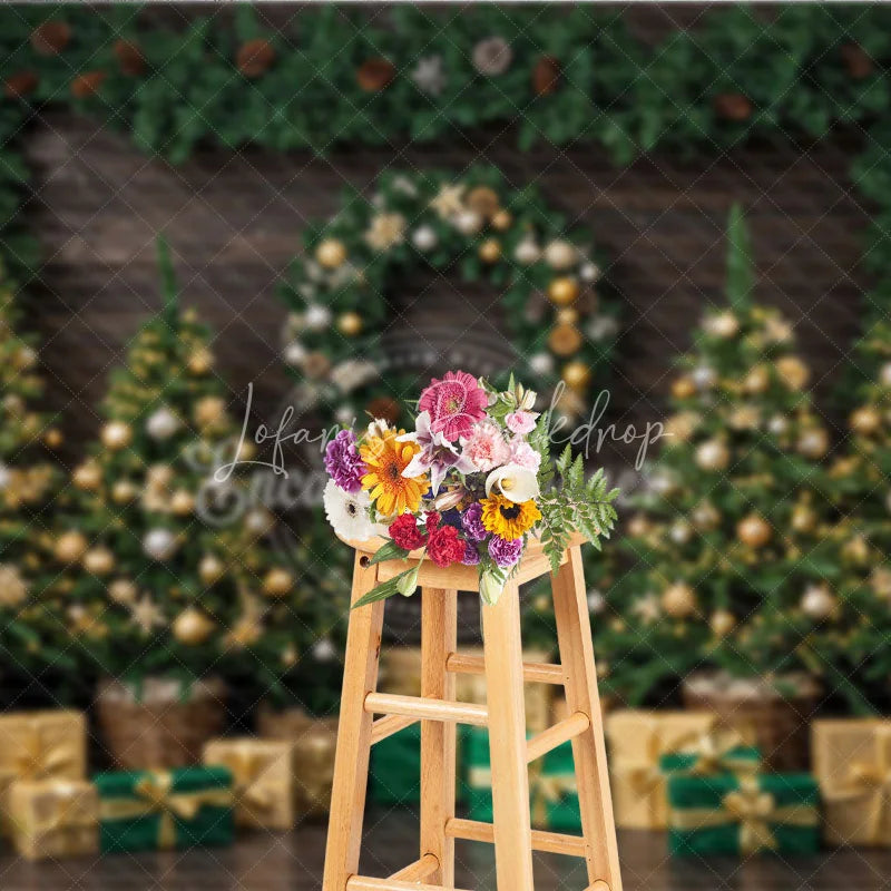 Lofaris Rustic Christmas Tree Farm Photography Backdrop Wood Wall with Garland Green and Gold Holiday Background