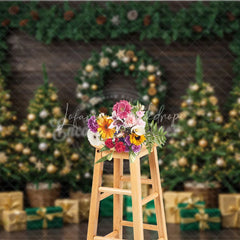 Lofaris Rustic Christmas Tree Farm Photography Backdrop Wood Wall with Garland Green and Gold Holiday Background