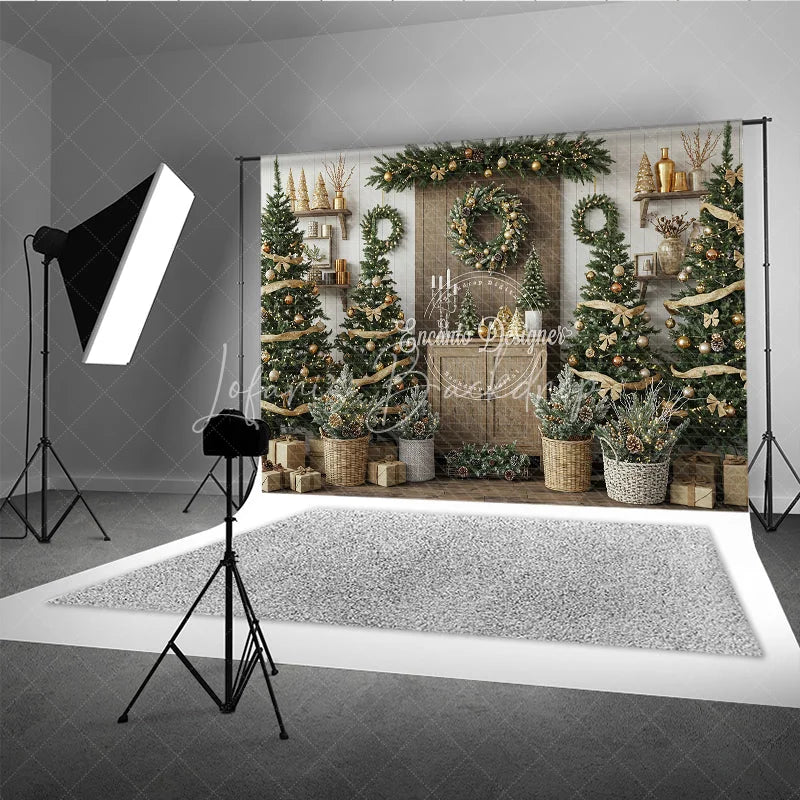 Lofaris Rustic Christmas Tree Farm Photography Backdrop Wooden Shelves with Wreaths Farmhouse Holiday Mini Session Background