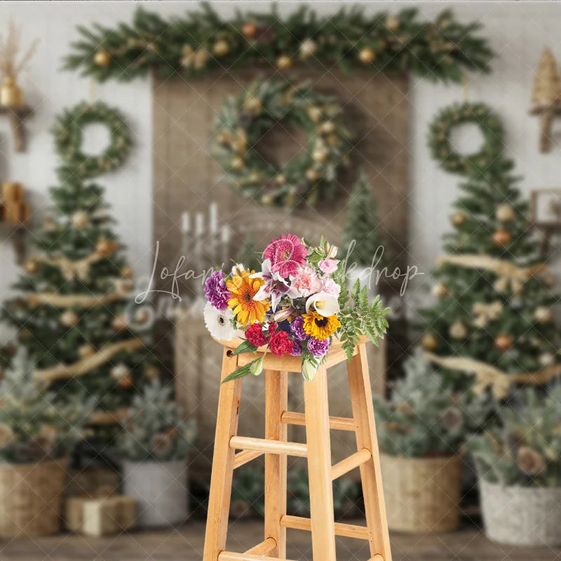 Lofaris Rustic Christmas Tree Farm Photography Backdrop Wooden Shelves with Wreaths Farmhouse Holiday Mini Session Background