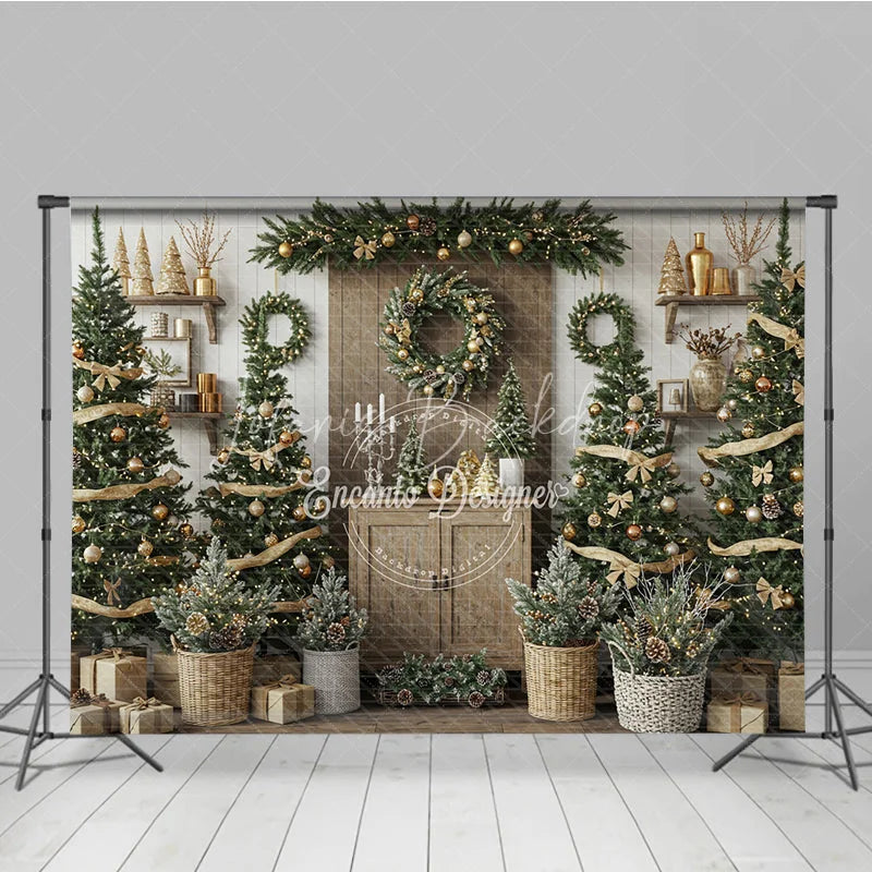 Lofaris Rustic Christmas Tree Farm Photography Backdrop Wooden Shelves with Wreaths Farmhouse Holiday Mini Session Background