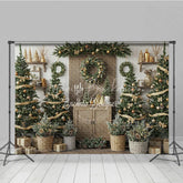 Lofaris Rustic Christmas Tree Farm Photography Backdrop Wooden Shelves with Wreaths Farmhouse Holiday Mini Session Background