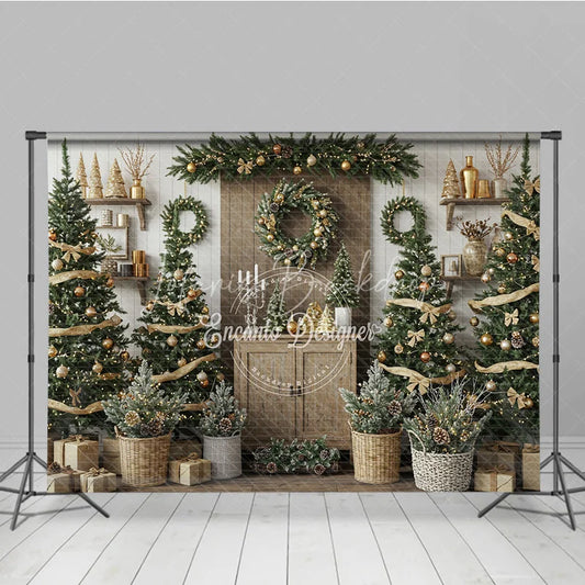 Lofaris Rustic Christmas Tree Farm Photography Backdrop Wooden Shelves with Wreaths Farmhouse Holiday Mini Session Background