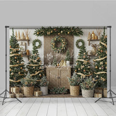 Lofaris Rustic Christmas Tree Farm Photography Backdrop Wooden Shelves with Wreaths Farmhouse Holiday Mini Session Background