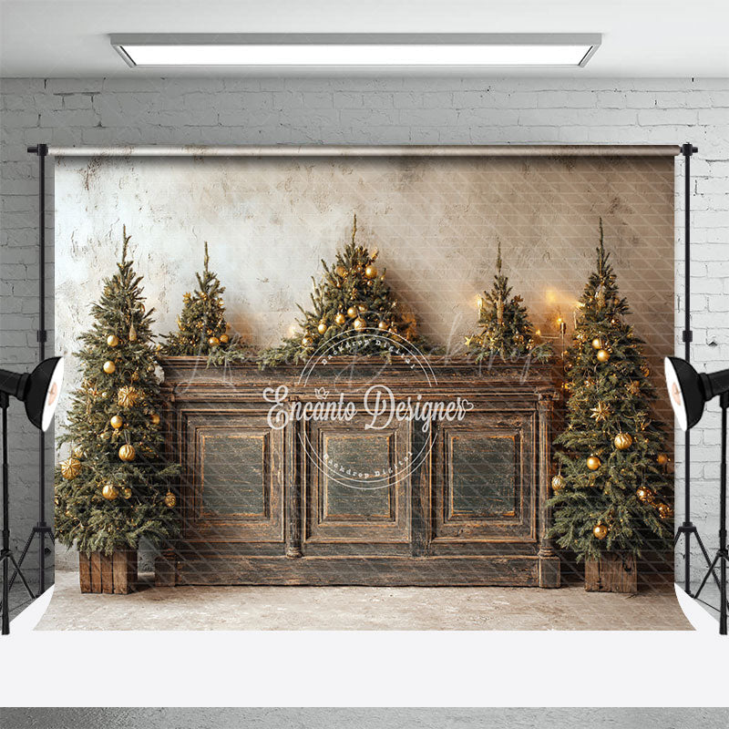 Lofaris Rustic Christmas Tree Photography Backdrop Farmhouse Wooden Console Decor Holiday Mini Session Background