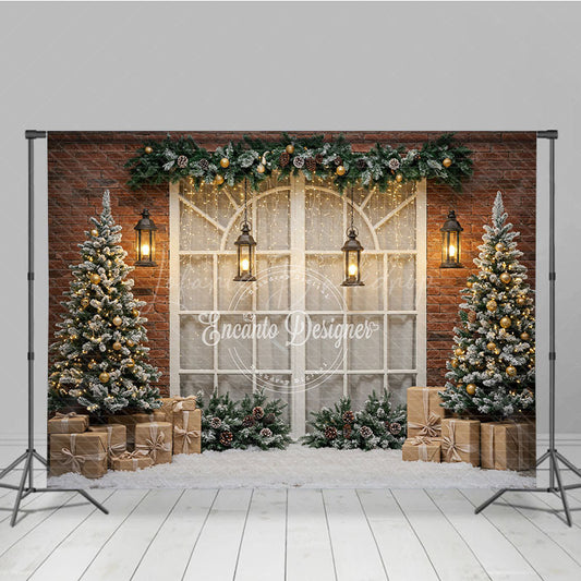 Lofaris Rustic Christmas Window Photography Backdrop Brick Wall with Flocked Trees Snowy Holiday Photo Background