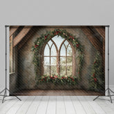 Lofaris Rustic Christmas Window Photography Backdrop Farmhouse Attic with Gothic Arch Holiday Mini Session Background