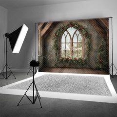Lofaris Rustic Christmas Window Photography Backdrop Farmhouse Attic with Gothic Arch Holiday Mini Session Background