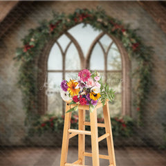 Lofaris Rustic Christmas Window Photography Backdrop Farmhouse Attic with Gothic Arch Holiday Mini Session Background