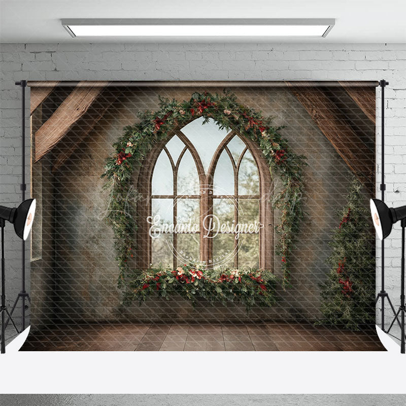 Lofaris Rustic Christmas Window Photography Backdrop Farmhouse Attic with Gothic Arch Holiday Mini Session Background