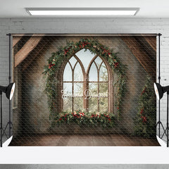 Lofaris Rustic Christmas Window Photography Backdrop Farmhouse Attic with Gothic Arch Holiday Mini Session Background