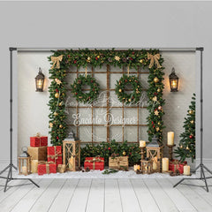Lofaris Rustic Christmas Window Photography Backdrop Snowy View Framed with Garland Holiday Mini Session Background