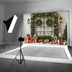 Lofaris Rustic Christmas Window Photography Backdrop Snowy View Framed with Garland Holiday Mini Session Background