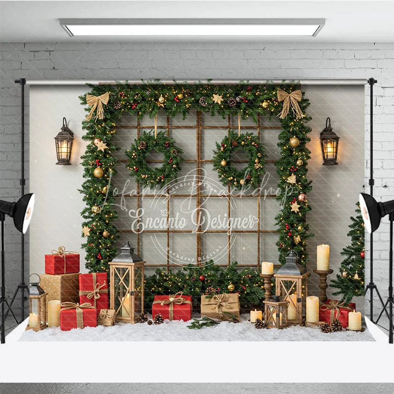 Lofaris Rustic Christmas Window Photography Backdrop Snowy View Framed with Garland Holiday Mini Session Background