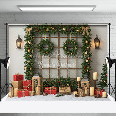 Lofaris Rustic Christmas Window Photography Backdrop Snowy View Framed with Garland Holiday Mini Session Background
