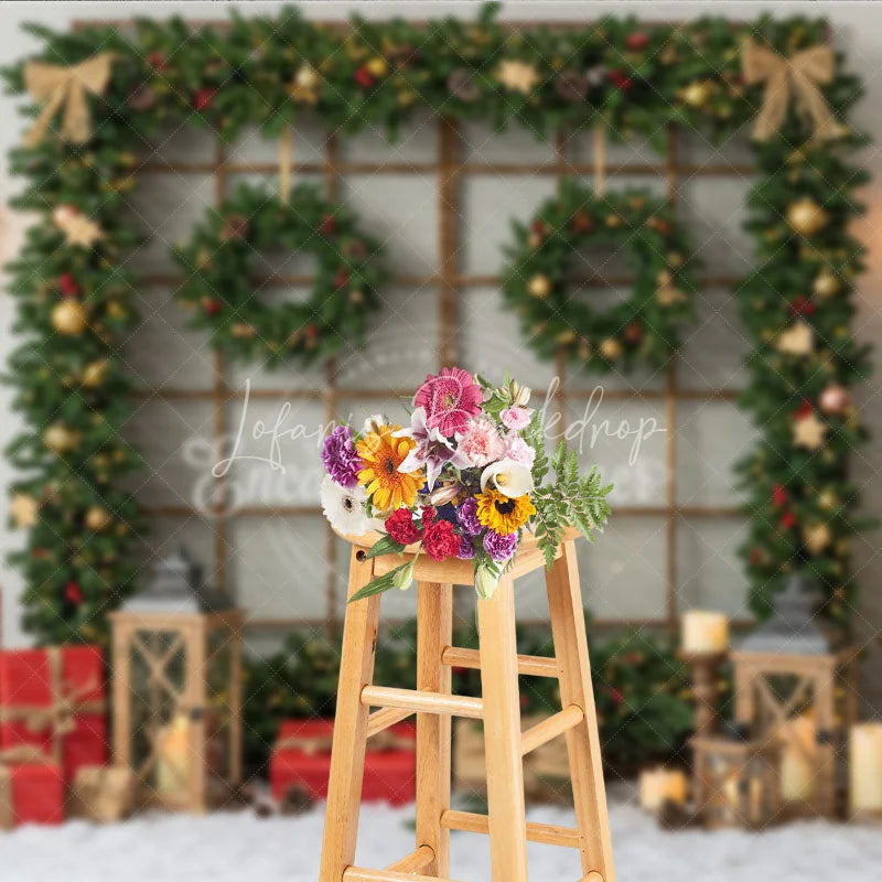 Lofaris Rustic Christmas Window Photography Backdrop Snowy View Framed with Garland Holiday Mini Session Background
