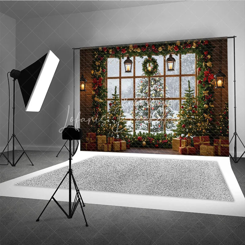 Lofaris Rustic Christmas Window Photography Backdrop Snowy View with Garland and Trees Holiday Mini Session Background