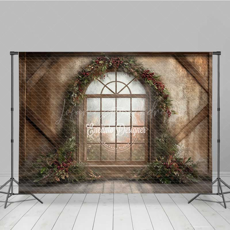 Lofaris Rustic Christmas Window Photography Backdrop Winter Scene with Berry Wreath Farmhouse Barn Wood Wall Photo Prop