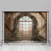 Lofaris Rustic Christmas Window Photography Backdrop Winter Scene with Berry Wreath Farmhouse Barn Wood Wall Photo Prop