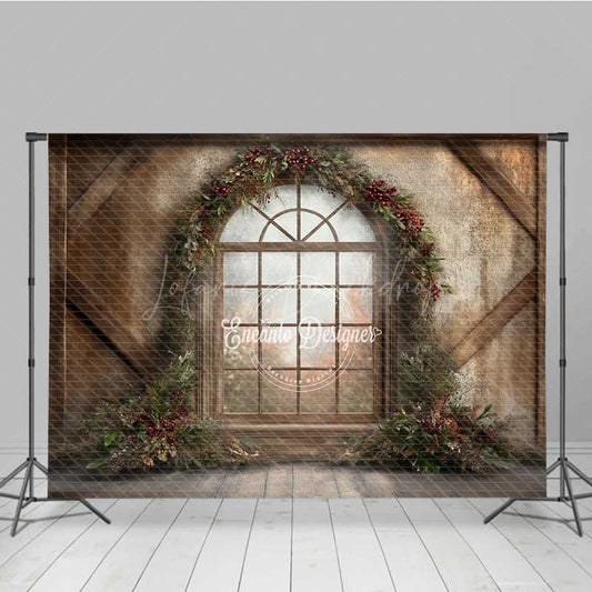 Lofaris Rustic Christmas Window Photography Backdrop Winter Scene with Berry Wreath Farmhouse Barn Wood Wall Photo Prop
