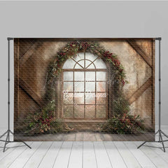 Lofaris Rustic Christmas Window Photography Backdrop Winter Scene with Berry Wreath Farmhouse Barn Wood Wall Photo Prop