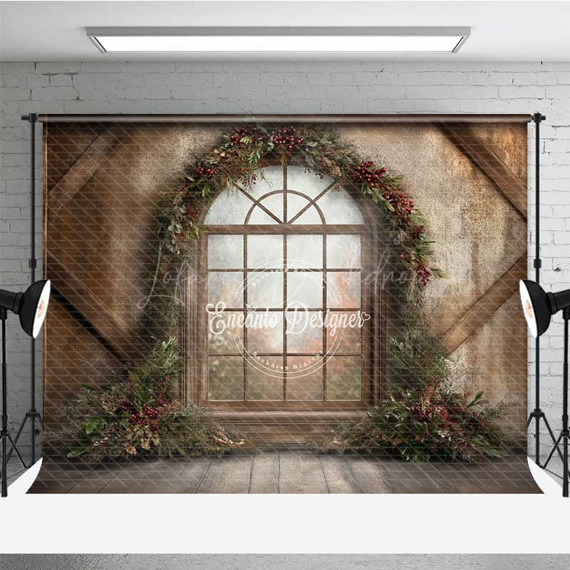 Lofaris Rustic Christmas Window Photography Backdrop Winter Scene with Berry Wreath Farmhouse Barn Wood Wall Photo Prop