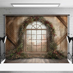 Lofaris Rustic Christmas Window Photography Backdrop Winter Scene with Berry Wreath Farmhouse Barn Wood Wall Photo Prop