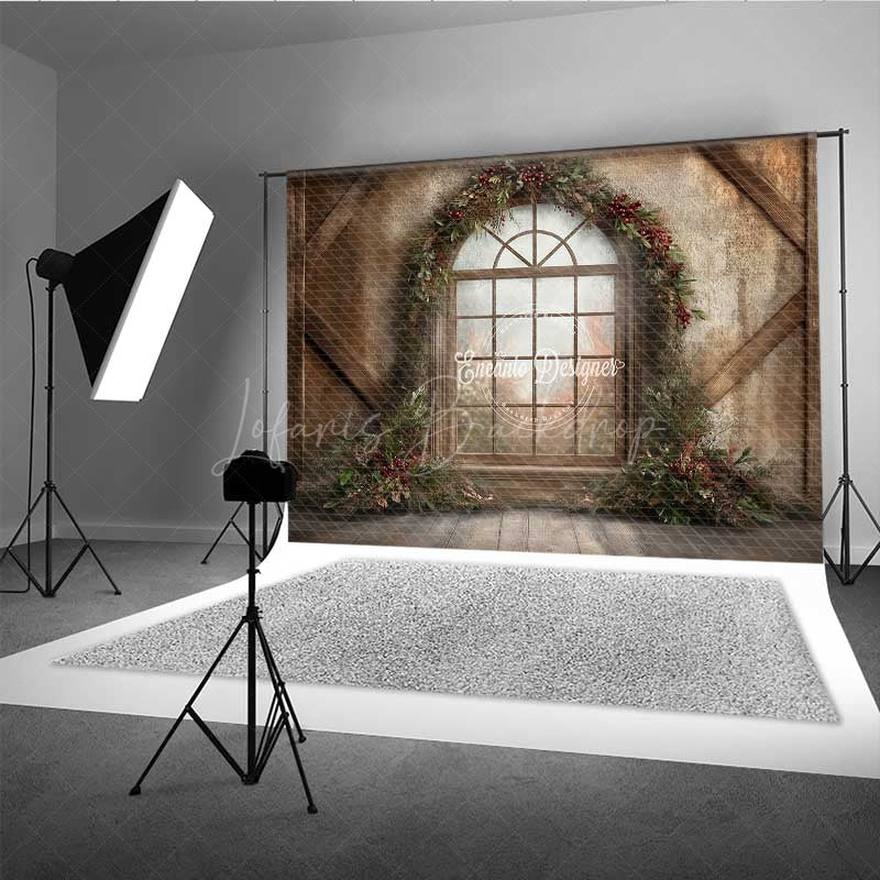 Lofaris Rustic Christmas Window Photography Backdrop Winter Scene with Berry Wreath Farmhouse Barn Wood Wall Photo Prop